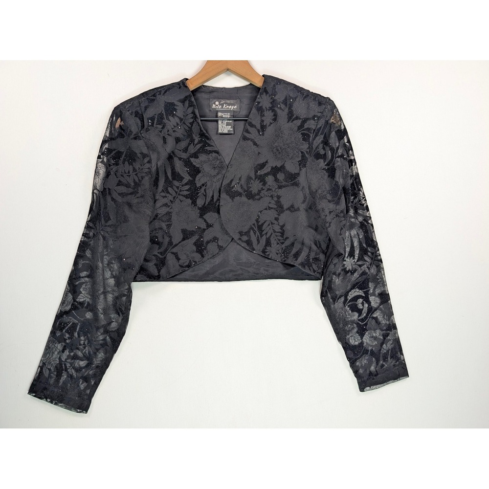 Nite Kraze Black Floral Lace Shimmer Bolero Jacket Cropped Long Sleeve 11/12